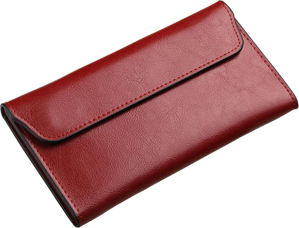 Women's Genuine Real Leather Slim Envelope Wallet with Detached Card Holder with Magnetic Closure, Phone Holder Clutch (Wine Red)