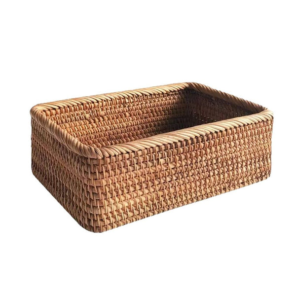 Rattan Storage Baskets Rectangle Woven Bread Basket Rectangular Wicker Serving Organizer Tray Rattan Fruit Basket, Stackable Wicker Organizer（20*14*7cm）