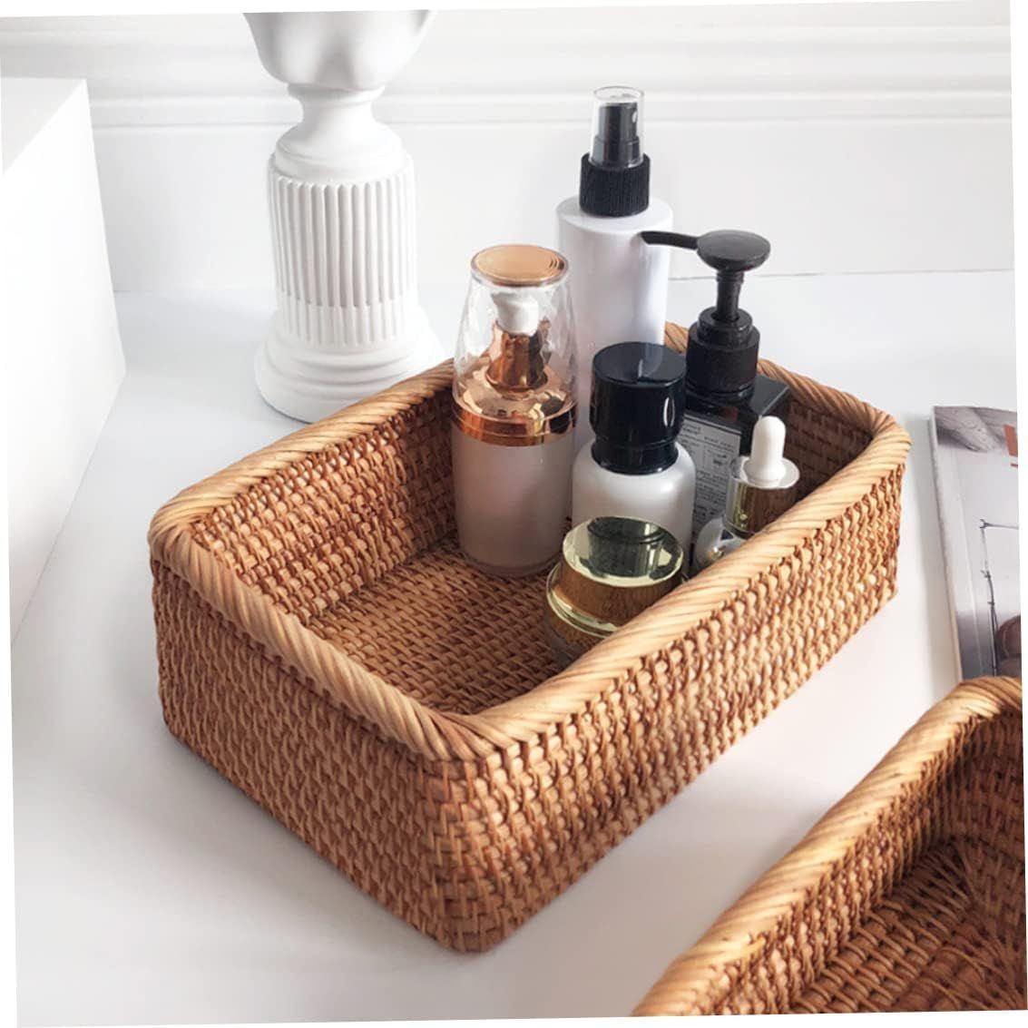 Rattan Storage Baskets Rectangle Woven Bread Basket Rectangular Wicker Serving Organizer Tray Rattan Fruit Basket, Stackable Wicker Organizer（20*14*7cm）