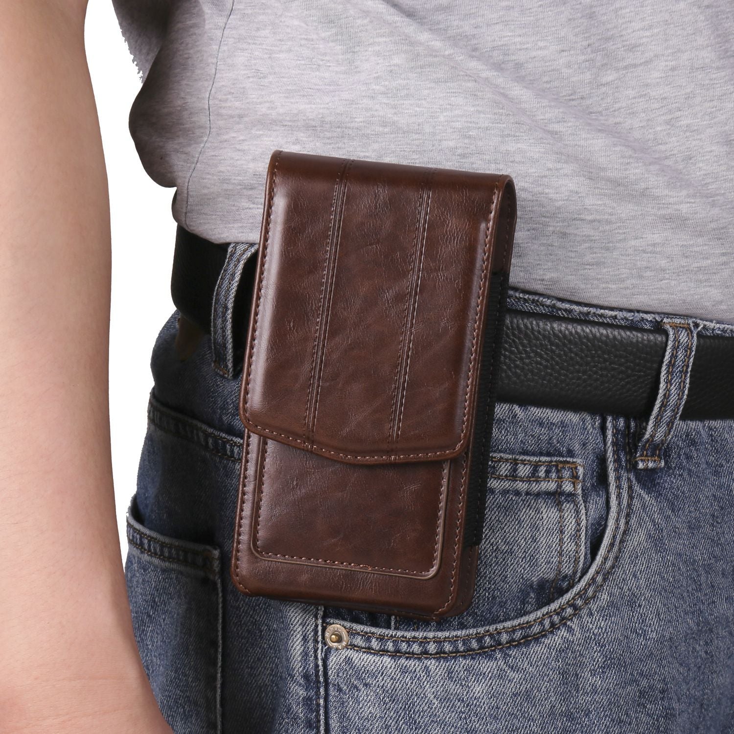 Cell Phone Waist Holster with Clip Leather,Travel Sport Mobile Phone Belt Pouch Purse Men Card Holder Waist Wallet Belt Loop Pocket with Carabiner Hook Bumbag（dark brown 6.5in）