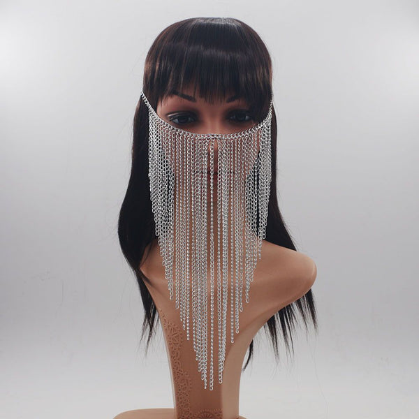 Tassel Veil Masks Women Headwear Face Chains(Silvery)