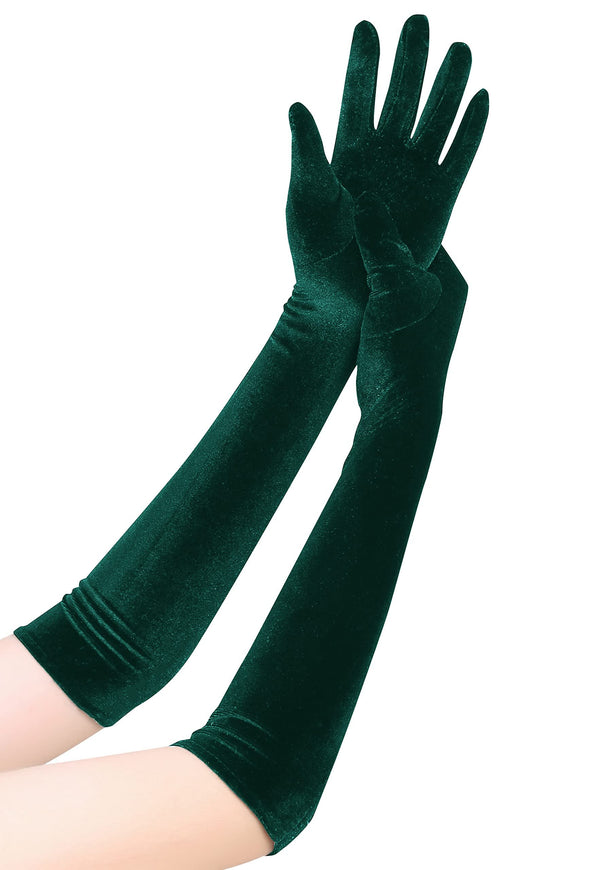 A pair of Long Opera Gloves for Women Velvet Gloves   Stretchy Elbow Length Halloween Costume Gloves（green）