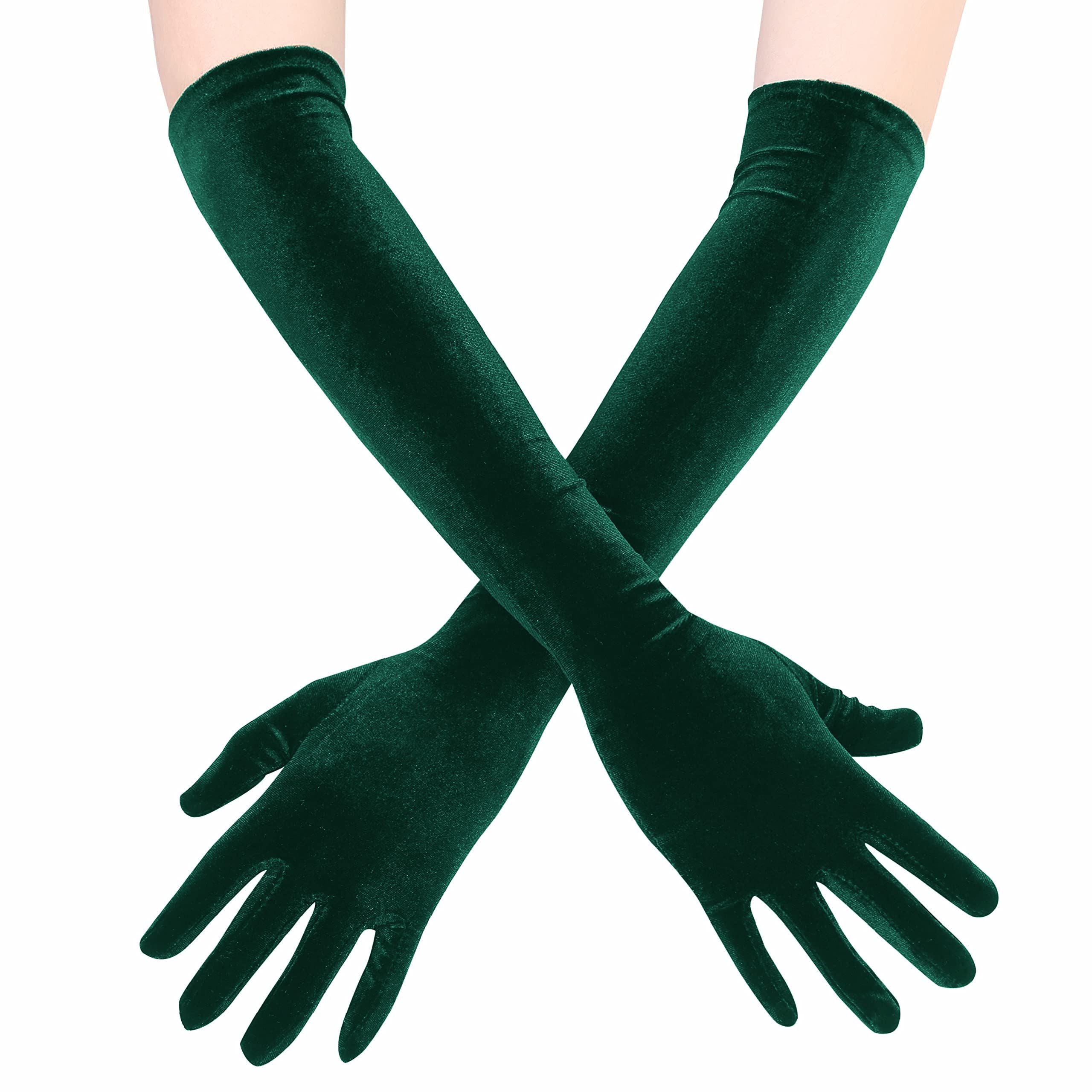 A pair of Long Opera Gloves for Women Velvet Gloves   Stretchy Elbow Length Halloween Costume Gloves（green）