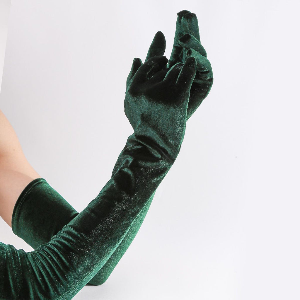 A pair of Long Opera Gloves for Women Velvet Gloves   Stretchy Elbow Length Halloween Costume Gloves（green）
