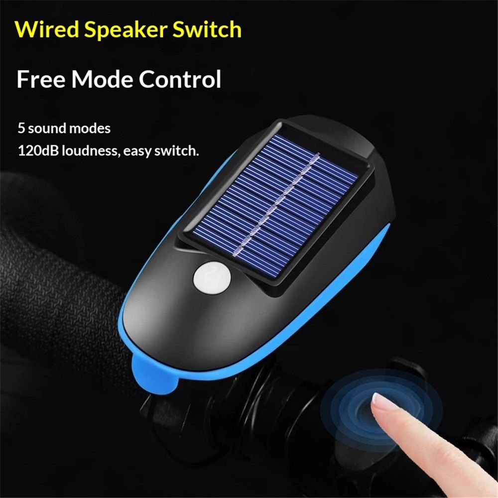 Multi-Functional Solar-Powered and USB Rechargeable Mountain Bike Night Cycling High Brightness Bike Front Light and 120dB Horn Bicycle Charging Light