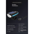 Multi-Functional Solar-Powered and USB Rechargeable Mountain Bike Night Cycling High Brightness Bike Front Light and 120dB Horn Bicycle Charging Light