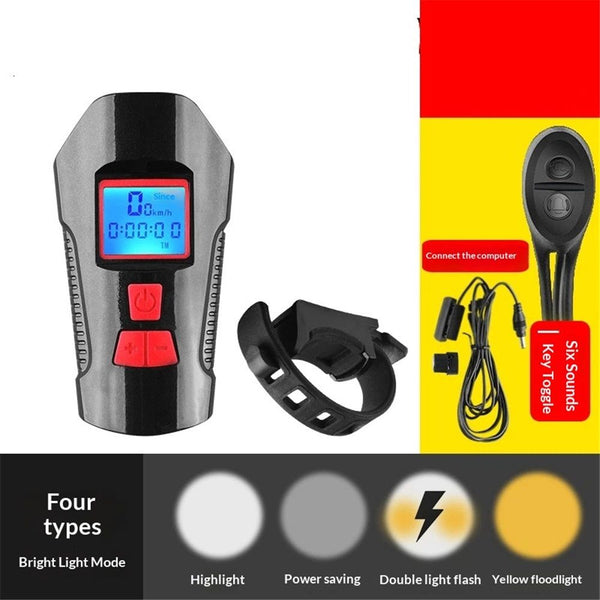 USB Rechargeable Waterproof Bike Computer with Horn LED Front Bike - Black