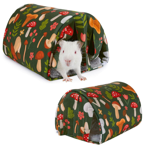 2 pack Guinea Pig Hideout with Curtain and Tunnel - Soft Bed with Cushion - Suitable for Guinea Pig, Hamster, Chinchilla, Bunny - Mushroom