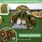 2 pack Guinea Pig Hideout with Curtain and Tunnel - Soft Bed with Cushion - Suitable for Guinea Pig, Hamster, Chinchilla, Bunny - Mushroom