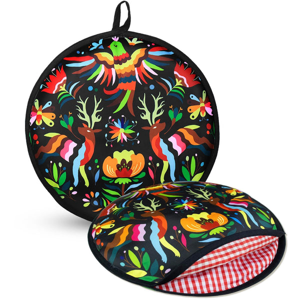 2 Pcs 12 Inch Tortilla Warmer, Tortilla Warmer Pouch for Tortillas, Tacos, Pizza Rolls, Insulated & Microwaveable Fabric Pouch Keeps Warm, Colorful Bird (Black)