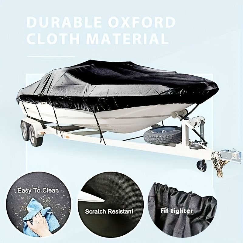 Trailerable Boat Cover – 600DHeavy Duty Waterproof Tarp with Storage Bag, Designed for V-Hull, Fish & Ski, Runabout, Bass & Fishing Boats,14-16FTBlack