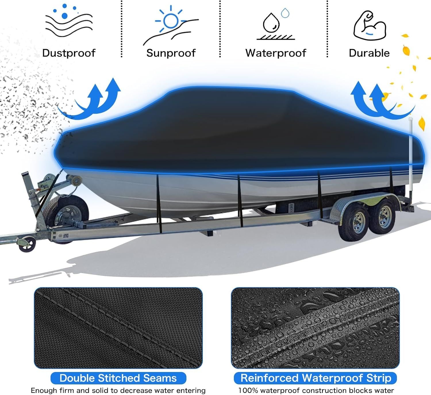 Trailerable Boat Cover – 600DHeavy Duty Waterproof Tarp with Storage Bag, Designed for V-Hull, Fish & Ski, Runabout, Bass & Fishing Boats,17-19FTSilver