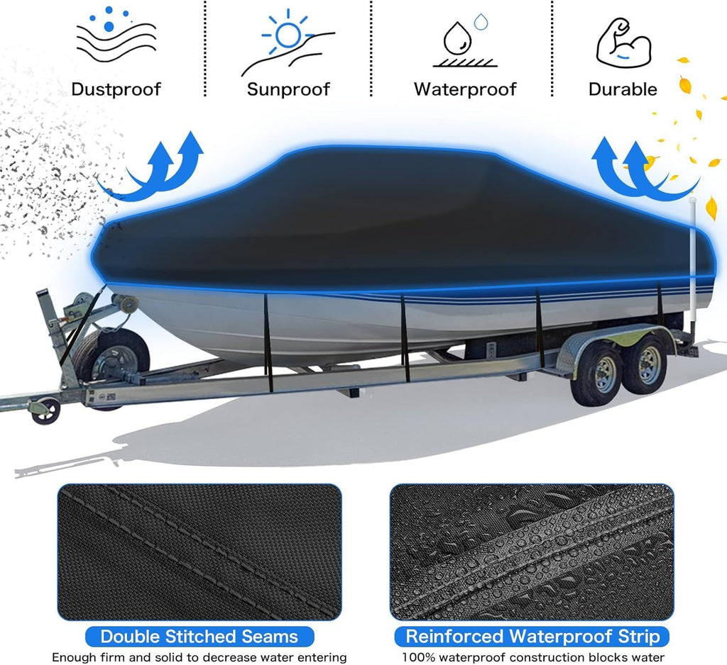 Trailerable Boat Cover – 600DHeavy Duty Waterproof Tarp with Storage Bag, Designed for V-Hull, Fish & Ski, Runabout, Bass & Fishing Boats,20-22FTBlack