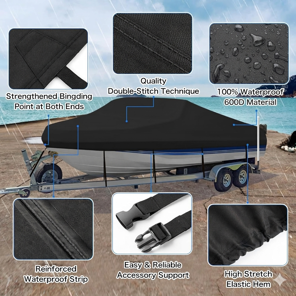 Trailerable Boat Cover – 600DHeavy Duty Waterproof Tarp with Storage Bag, Designed for V-Hull, Fish & Ski, Runabout, Bass & Fishing Boats,20-22FTBlack