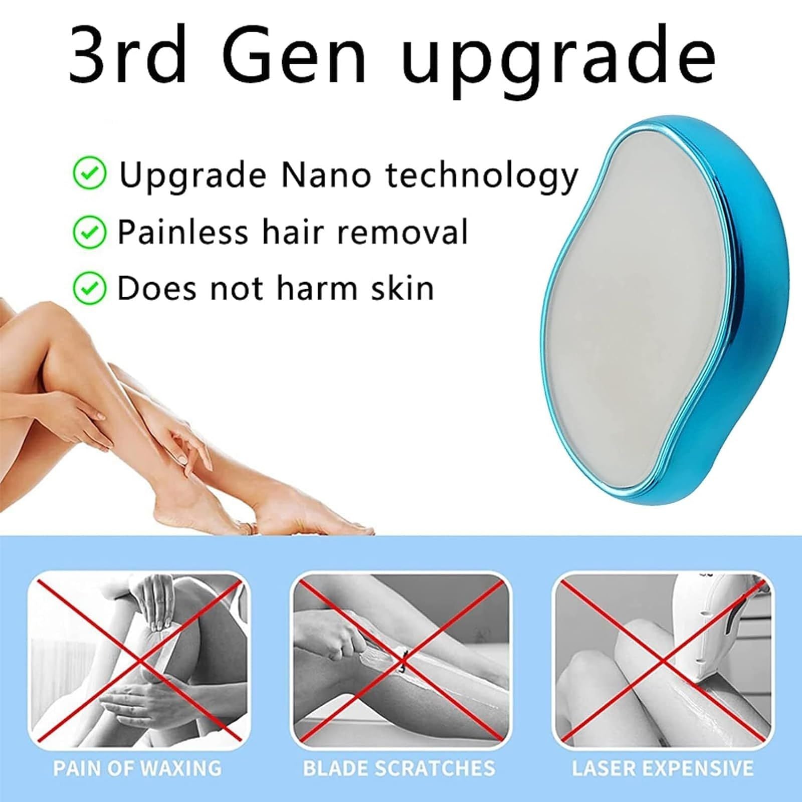 Blue Crystal Hair Eraser for Women Men, Reusable Painless Body Hair Remover, Portable Exfoliation Epilator Tool to Remove Hair on Arms Legs Back