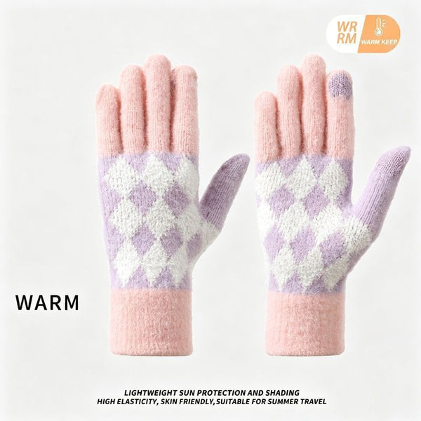 2Pcs Women's Autumn Winter Knit Touchscreen Gloves - Cherry Pink