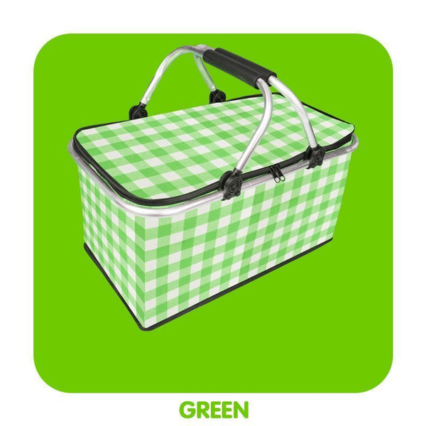 Thickened Foldable Aluminum Foil Insulated Picnic Basket-Green chequered pattern