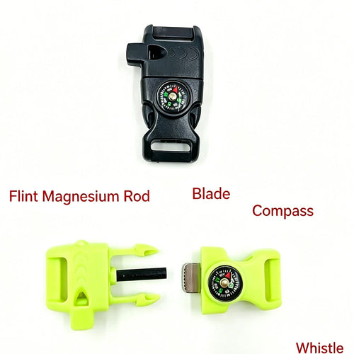 4pk Fluorescent Green Multi Survival Paracord Buckle Flint Whistle Compass