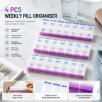 Double Row 14 Compartment Weekly Pill Container Portable Press Medicine Box 4Pcs