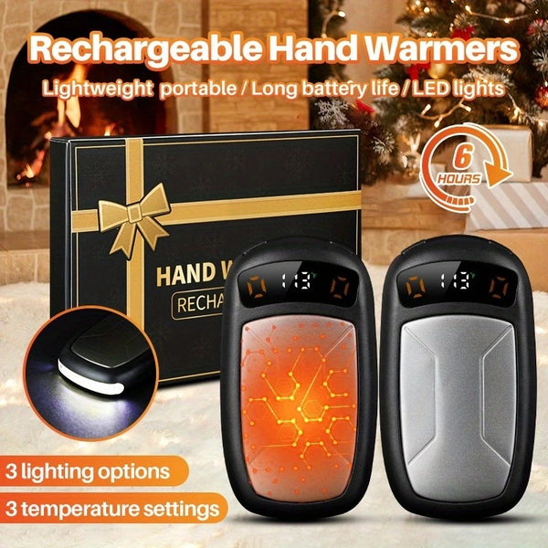 2PCS of rechargeable hand warmers with COB lights, featuring rapid heating, 3 adjustable modes, and a portable magnetic electric design.