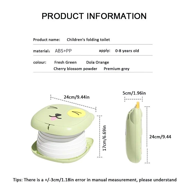 Car Folding Potty, cute cartoon design, folds in seconds for easy carrying, widened seat ring for comfort and stability, suitable for both home and travel.(GREEN)