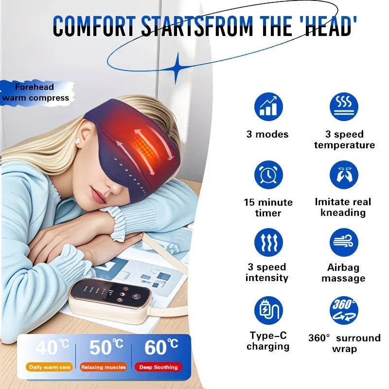 6D Airbag Heat Therapy Head & Eye Massager: Three-Level Constant Warmth Aids Sleep, Multi-Mode Simulated Hand Kneading, Low Noise with Light-Blocking Design, Suitable for the Whole Family