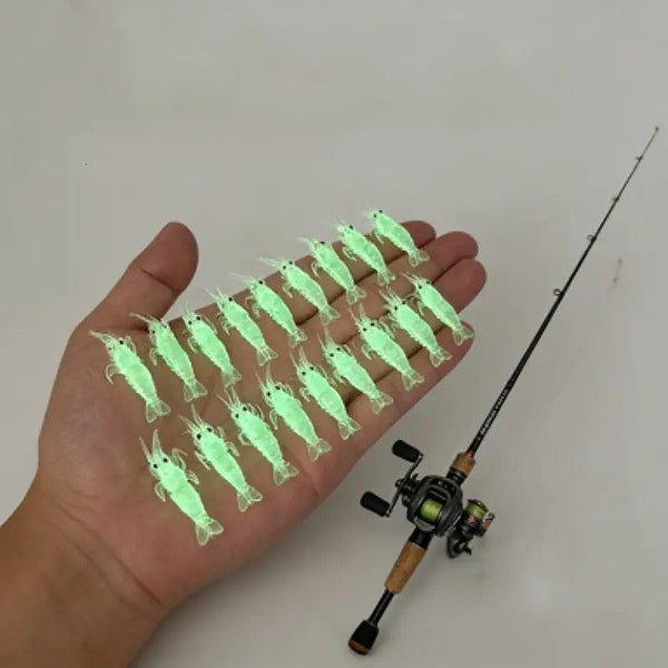 Glow-in-the-Dark Shrimp Lure 20-Piece Box Set | Night Fishing Essential, Soft Plastic Lure with Hooks, Suitable for Freshwater and Saltwater, Ideal for Bass/Trout/Crappie/Walleye/Redfish