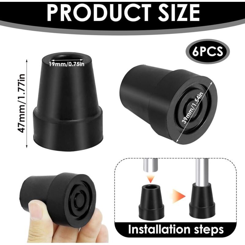 6 Pcs Non-Black Heavy, Slip Crutch Tips Crutch and Cane End Caps Duty Rubber Walking Cane Replacement Feet with Steel Reinforced Tip, 19mm