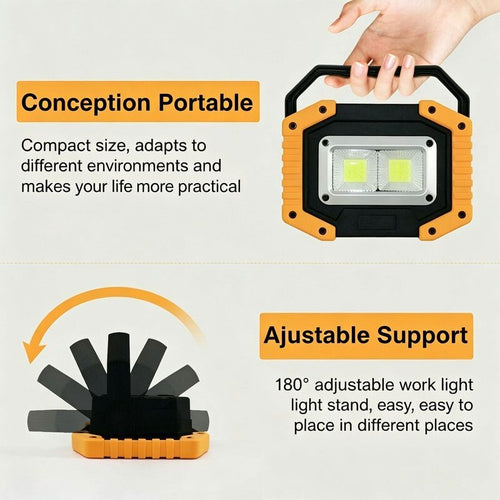 1 Pcs Floodlight LED Rechargeable 30W 2000LM Chantier Light of Work with 2X COB LED USB for Camping, 3 Modes Battery Contient