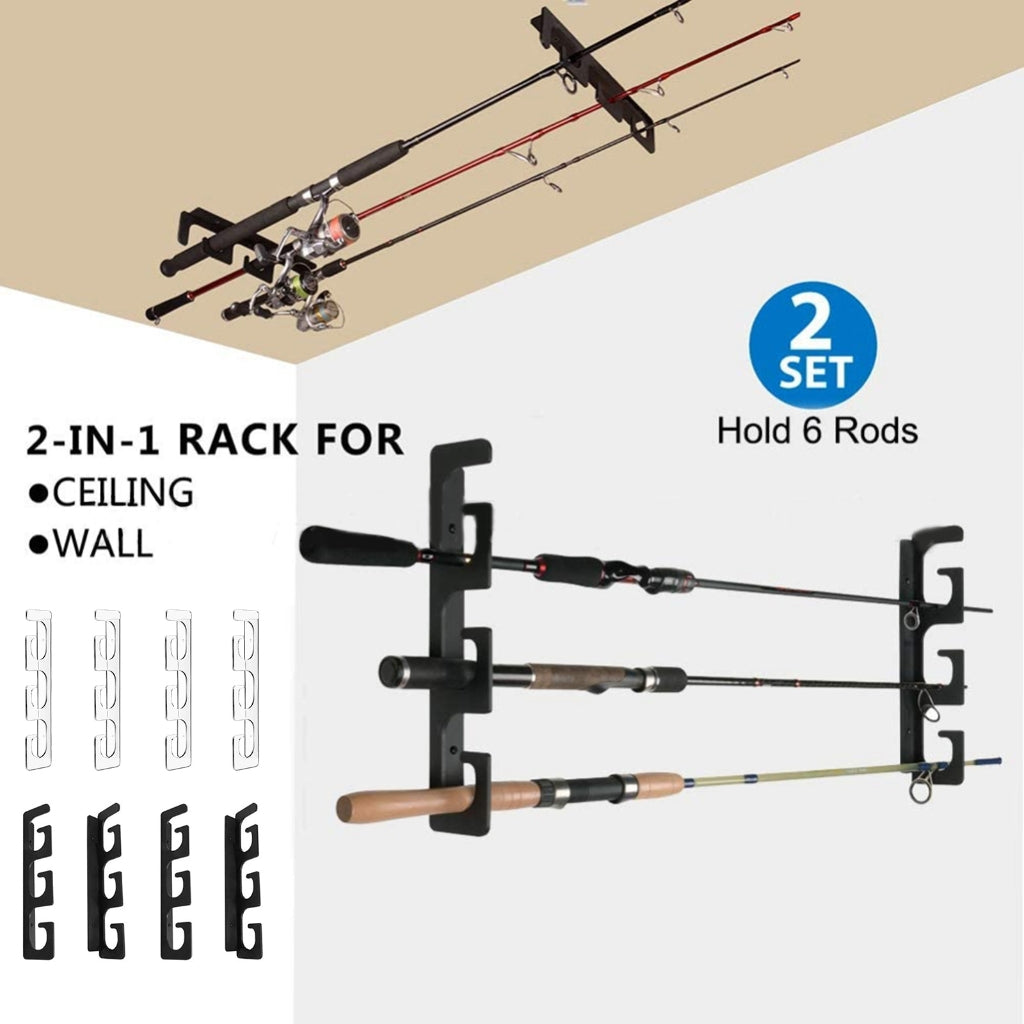 Set of fishing rod holders for garage, 6 rods - Fishing rod holders for wall and ceiling, fishing rod storage 0.46 Black