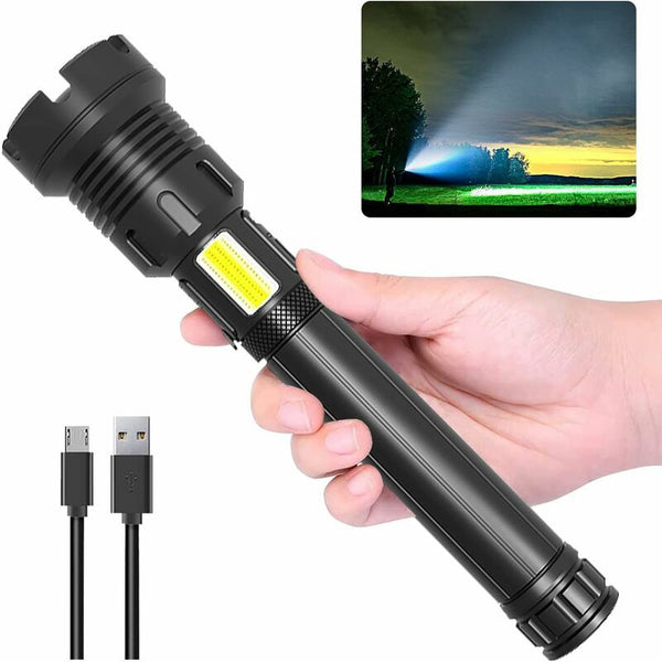 LED Tactical Flashlight 90000 Lumens COB USB Rechargeable IP65 Waterproof with 10000mAh Battery