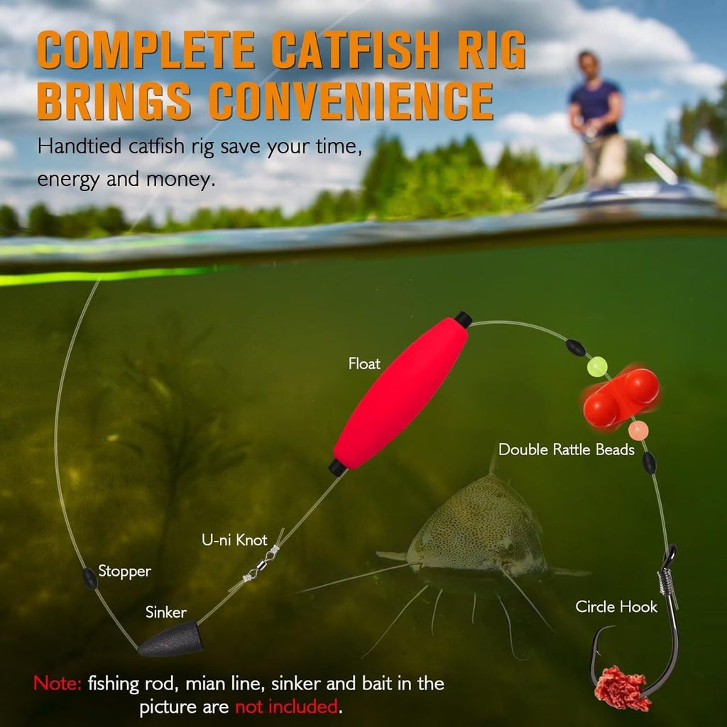 Pre-Tied Catfish Rig System, 23 Inch 55LB Santee Cooper Catfish Float Rig with Adjustable EVA Slip Float and High Carbon Circle Hooks 5/0 6/0 8/0, Ready-to-Fish for River and Bank Fishing(Cigar Float-6/0Hook * 6PCS)