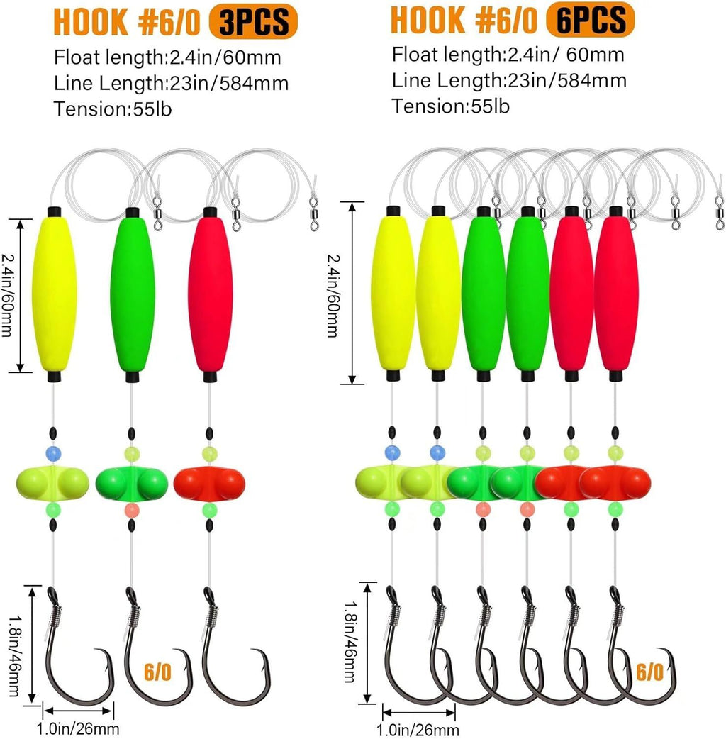 Pre-Tied Catfish Rig System, 23 Inch 55LB Santee Cooper Catfish Float Rig with Adjustable EVA Slip Float and High Carbon Circle Hooks 5/0 6/0 8/0, Ready-to-Fish for River and Bank Fishing(Cigar Float-6/0Hook * 6PCS)
