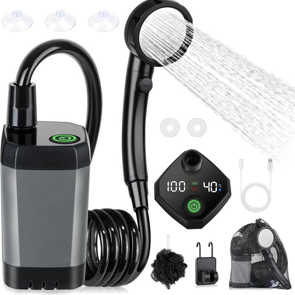 Portable Camping Shower, 6000mAh Rechargeable Shower Pump with Smart LED Temperature Display, 4 Spray Modes IPX7 Waterproof Outdoor Shower for Hiking, Travel, Car Washing & Pet Bathing, Grey