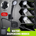 Portable Camping Shower, 6000mAh Rechargeable Shower Pump with Smart LED Temperature Display, 4 Spray Modes IPX7 Waterproof Outdoor Shower for Hiking, Travel, Car Washing & Pet Bathing, Grey