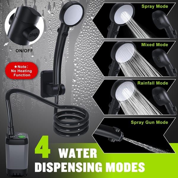 Portable Camping Shower, 6000mAh Rechargeable Shower Pump with Smart LED Temperature Display, 4 Spray Modes IPX7 Waterproof Outdoor Shower for Hiking, Travel, Car Washing & Pet Bathing, Grey