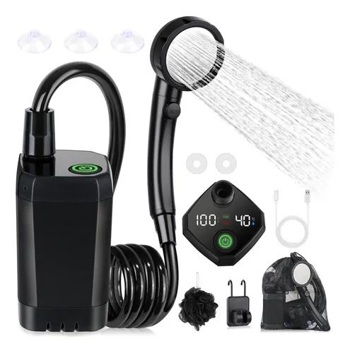 Portable Camping Shower, 6000mAh Rechargeable Shower Pump with Smart LED Temperature Display, 4 Spray Modes IPX7 Waterproof Outdoor Shower for Hiking, Travel, Car Washing & Pet Bathing, Black