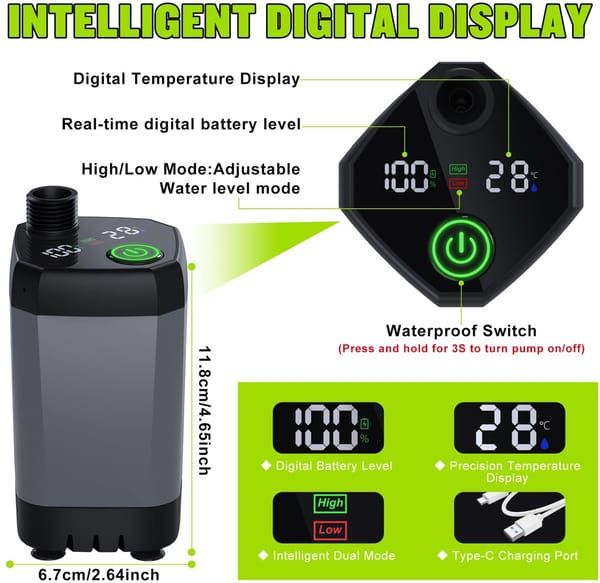 Portable Camping Shower, 6000mAh Rechargeable Shower Pump with Smart LED Temperature Display, 4 Spray Modes IPX7 Waterproof Outdoor Shower for Hiking, Travel, Car Washing & Pet Bathing, Black
