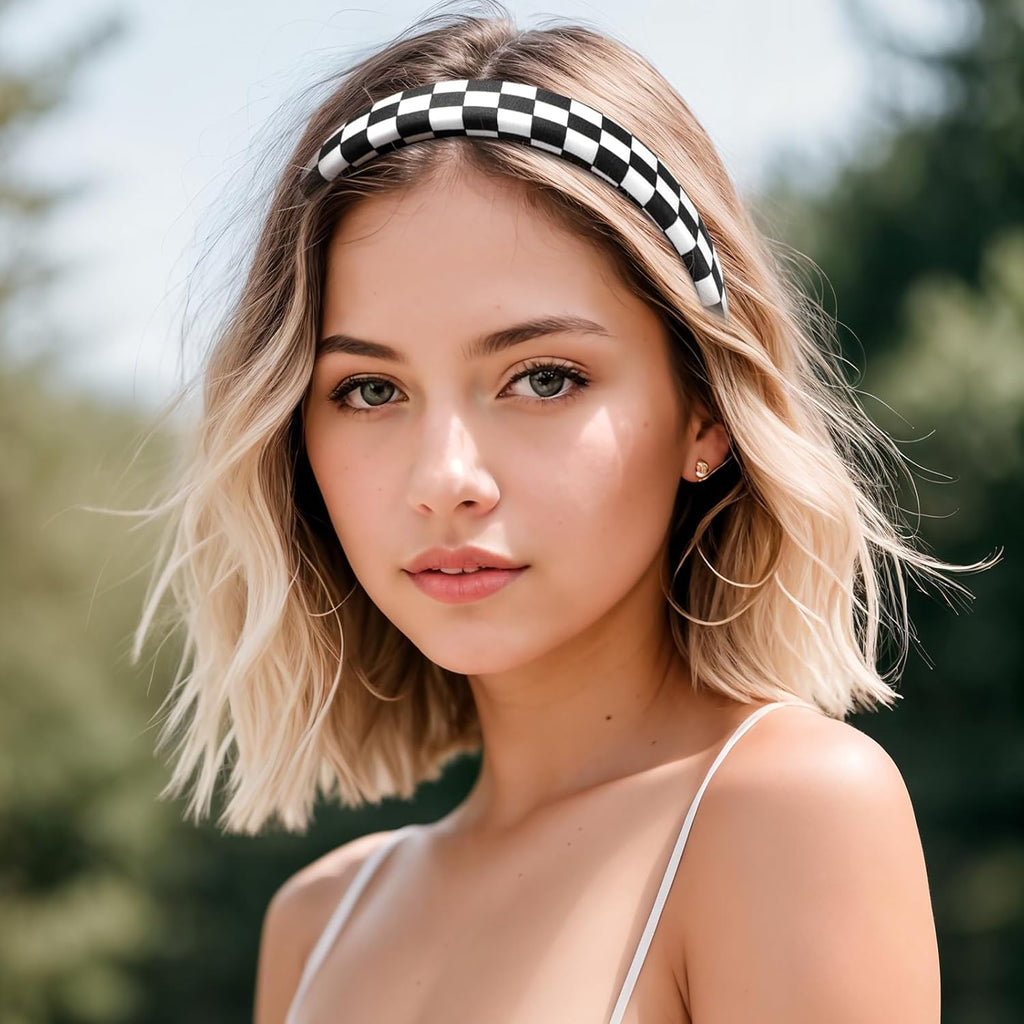Xindojuz 1 PCS Buffalo Plaid Headband for Women, Black and White Checkered Headbands Non Slip Sponge Puffy Gingham Head Bands for Women Girls Christmas Party Hair Accessories Check Hairbands