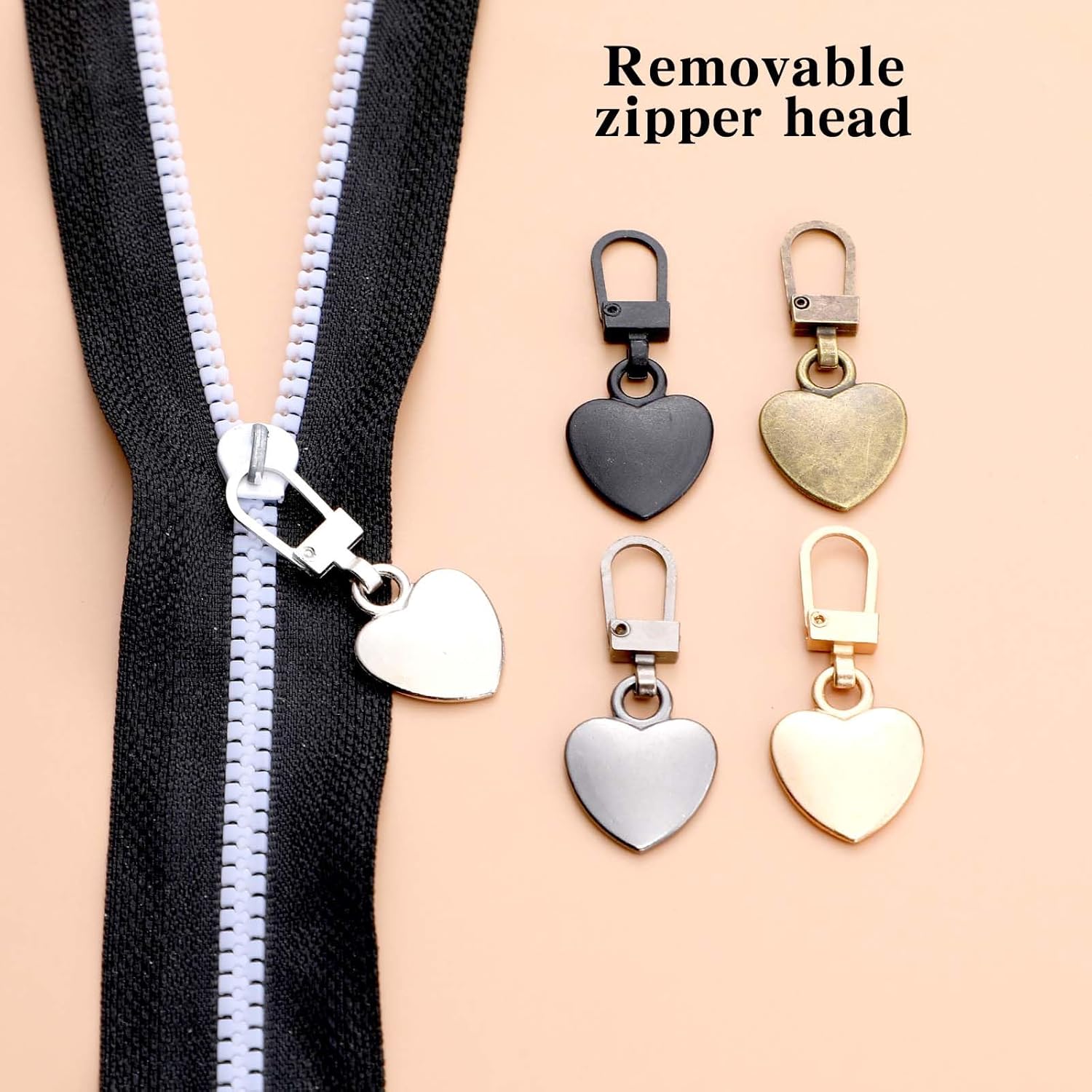 Xinjoduz 10 PCS Zipper Pull Charm, 1.6 Inch Heart Shaped Zipper Replacement Detachable Metal Zipper Pull Tabs Zipper Lock for Backpacks Coats Pants Suitcase Purse Luggage Fasteners(5 Color)