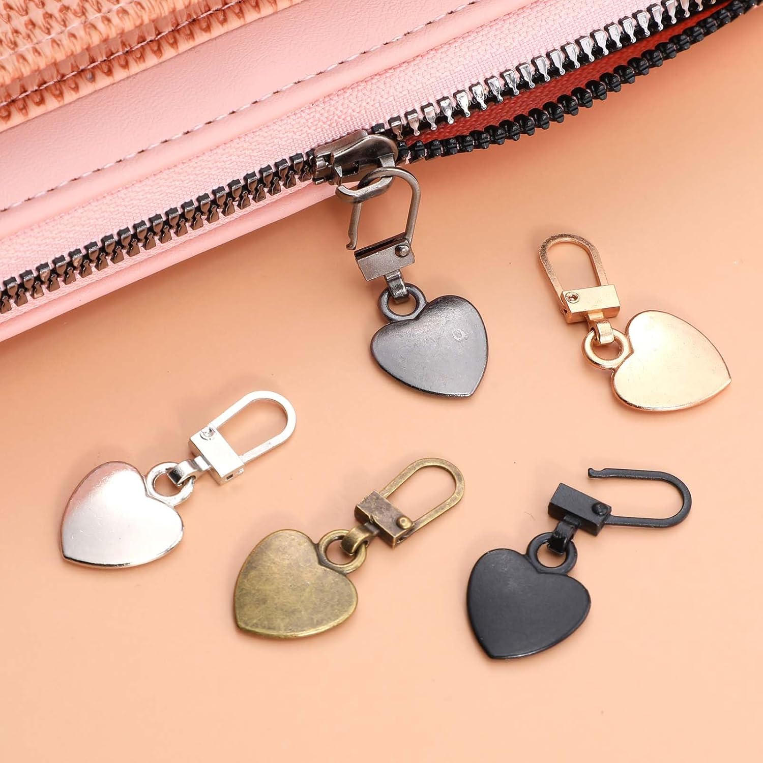 Xinjoduz 10 PCS Zipper Pull Charm, 1.6 Inch Heart Shaped Zipper Replacement Detachable Metal Zipper Pull Tabs Zipper Lock for Backpacks Coats Pants Suitcase Purse Luggage Fasteners(5 Color)