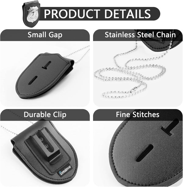 1 Pack Sheriff Badge Shield Holder with Faux Leather Wrapped Heavy Duty Steel Belt Clip with Stainless Steel Necklace, Universal, Black, Deputy Badge Holder, 8x3 inch (1 Pack)