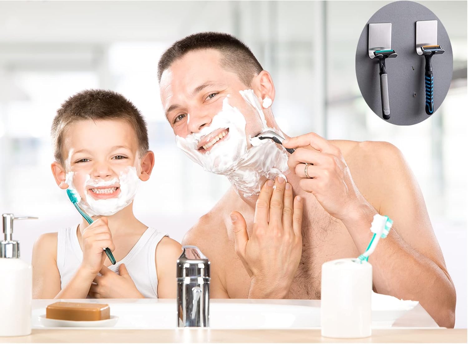 Razor Holder Shaver Hook Hanger Stand(2 Pack)Self Adhesive Stainless Steel Heavy Duty Utility Storage Hook,Shower Hook for Razor,Bathroom Kitchen Organizer for Plug Robe Towel Loofah Bathrobe Coat