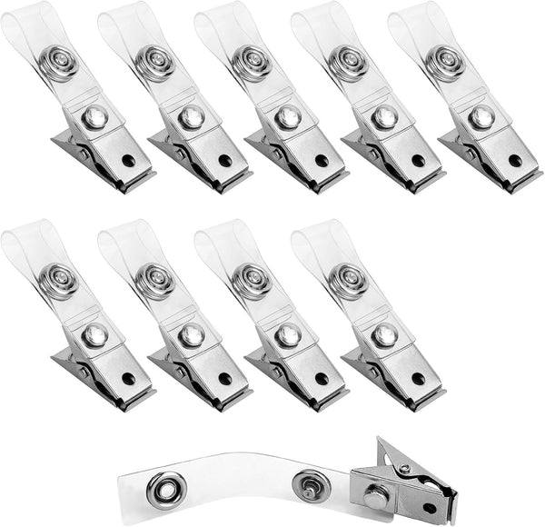 10 Pcs Metal Badge Clips with Transparent PVC Straps, Secure Name Tag Clips for ID Cards and Badge Holders