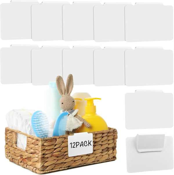 12pcs White Basket Labels Clip On for Storage Bins, Removable PVC Labels for Baskets with Holders, 3.5x2.7 Inches