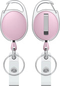2 Pack Retractable Badge Reel for Badge Holder Pink Heavy Duty Retractable Keychain Strong ABS Casing with Stainless Steel Spring Coil 24 Inch Nylon Rope Carabiner Clip and Key Ring