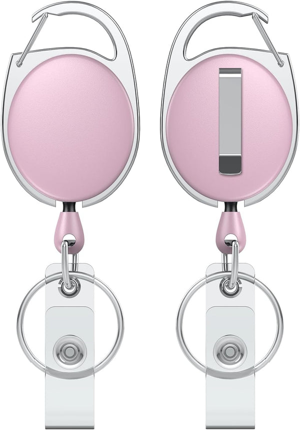 2 Pack Retractable Badge Reel for Badge Holder Pink Heavy Duty Retractable Keychain Strong ABS Casing with Stainless Steel Spring Coil 24 Inch Nylon Rope Carabiner Clip and Key Ring