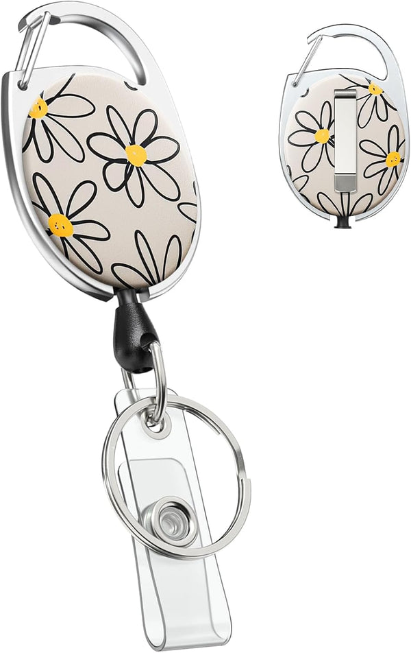 Floral Retractable Badge Reel for Badge Holder White Flower Heavy Duty Retractable Keychain Strong ABS Casing with Stainless Steel Spring Coil 24 Inch Nylon Rope Carabiner Clip and Key Ring