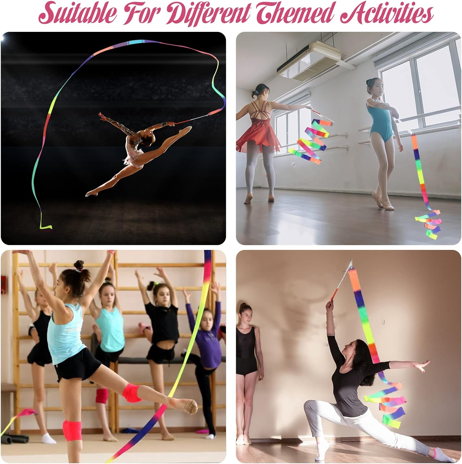 2Pcs Ribbon wands Rainbow Dance for Kids, 78.74 Inch Rhythmic Gymnastics Ribbon Dancer Wand with Rod, Soft Rainbow Ribbon Twirling Dance Streamers for Kids Girls Adults Artistic Dancing (Colorful)