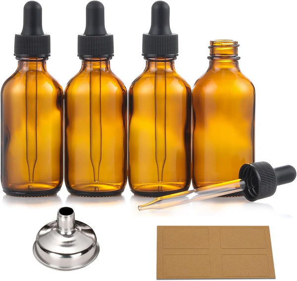 Glass Dropper Bottles with Funnel & Labels (4-Pack 60ml)